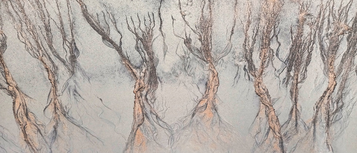 Abstract cracks and lines on sand top view, cracked sandy texture, creative art background, grunge pattern, aged surface, dry arid ground, erosion landscape, rough relief, marble effect, tree branches